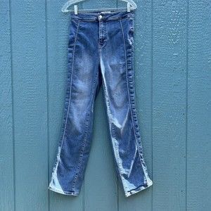 We The Free Womens Size 29 Blue Jeans Straight High Rise Stretch Front Seems Mom